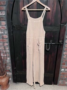 Neutral Beige Wide-Leg Cotton Gauze Jumpsuit